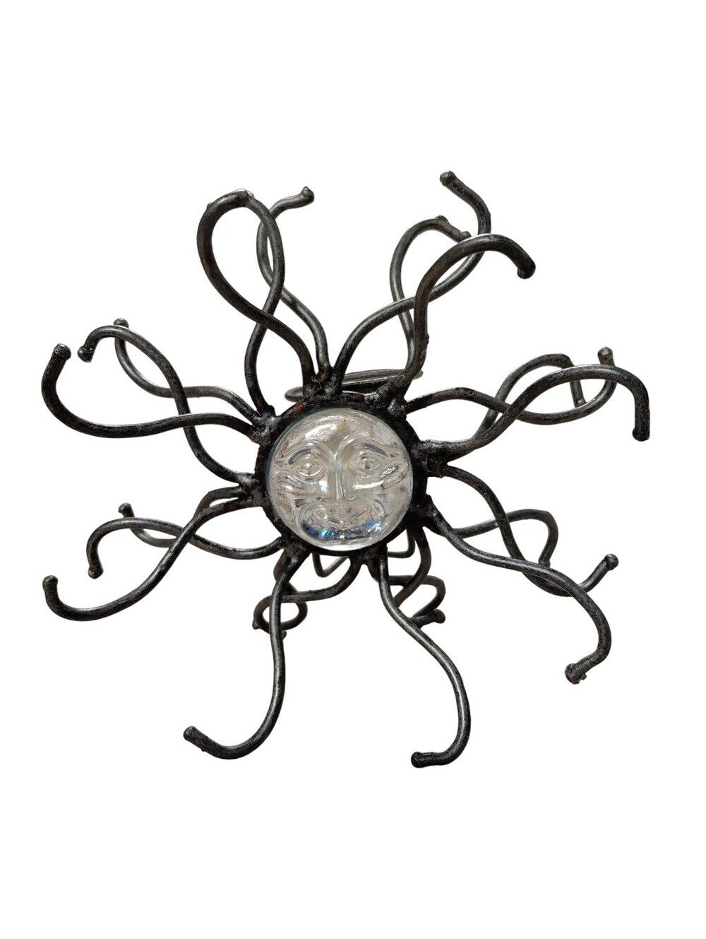 Mexican Tea Light Candle Holder Sun Or Medusa Face Metal/Glass Art Vintage 6"x6"